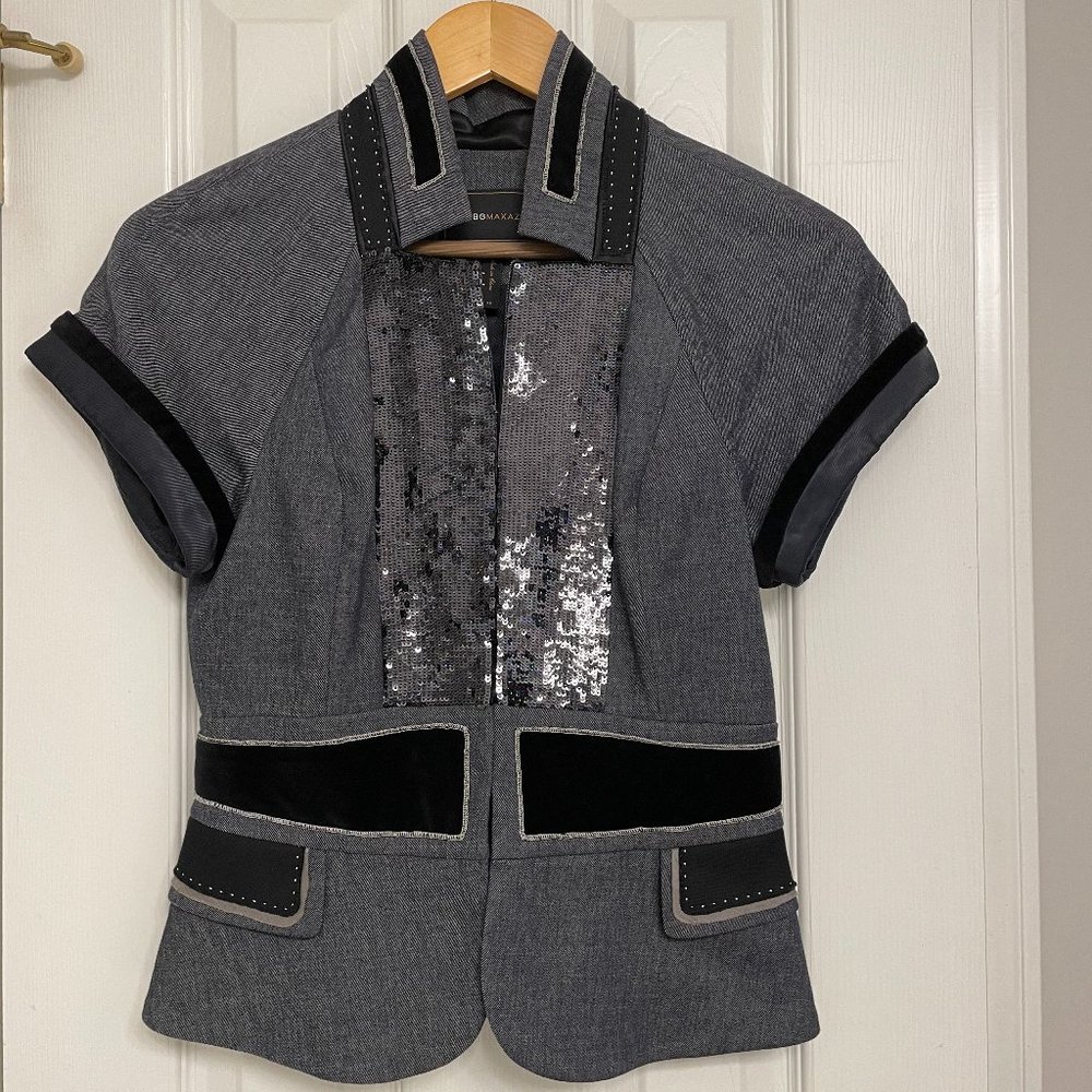 BCBG Max Azria Jacket, open front with pleats and sequins, Black & Gray, Size XS